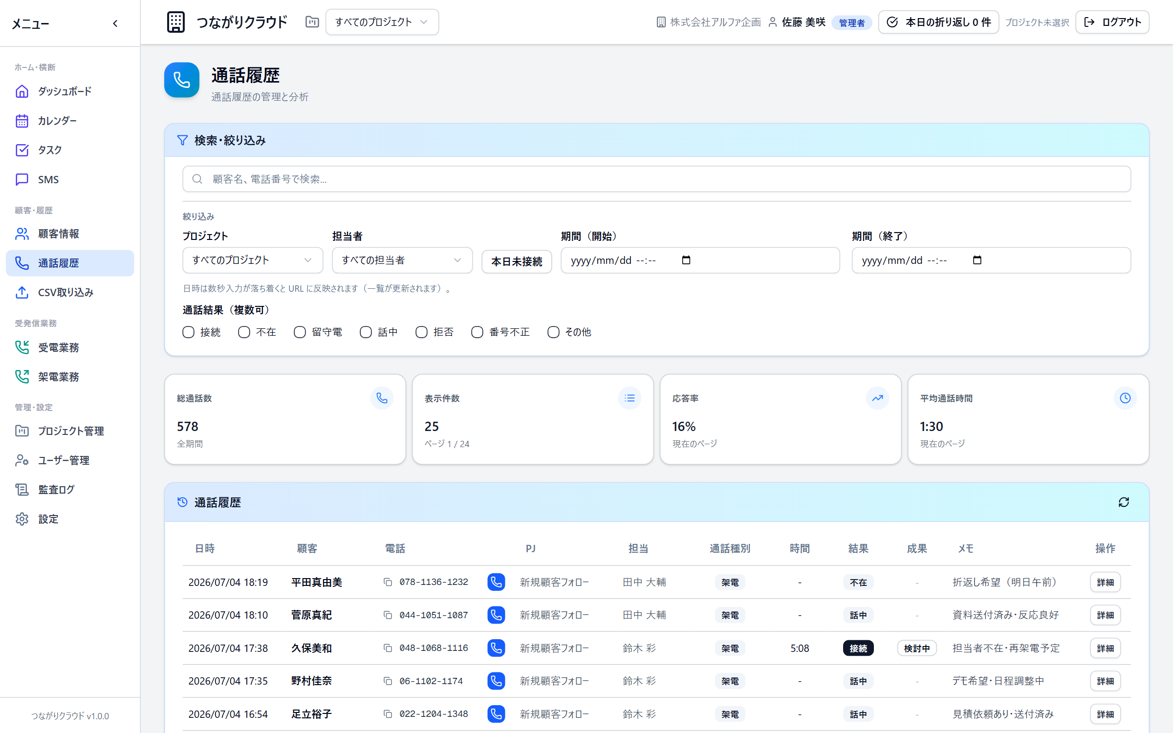 通話履歴画面。検索・絞り込みと通話結果の一覧、応答率などの集計